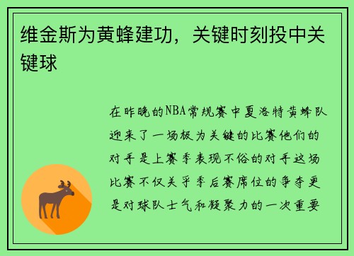 维金斯为黄蜂建功，关键时刻投中关键球